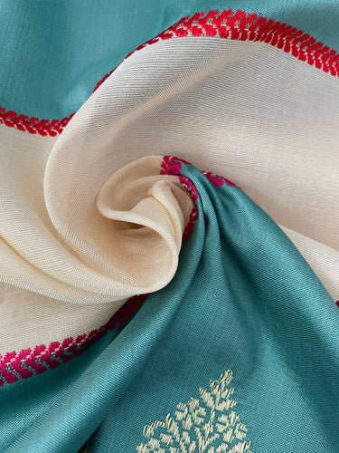 Banarasi Ektara Katan Silk Saree | Tissue Organza Band | Light Teal Blue | Thread Work | Handwoven | Silk Mark | Ships from California